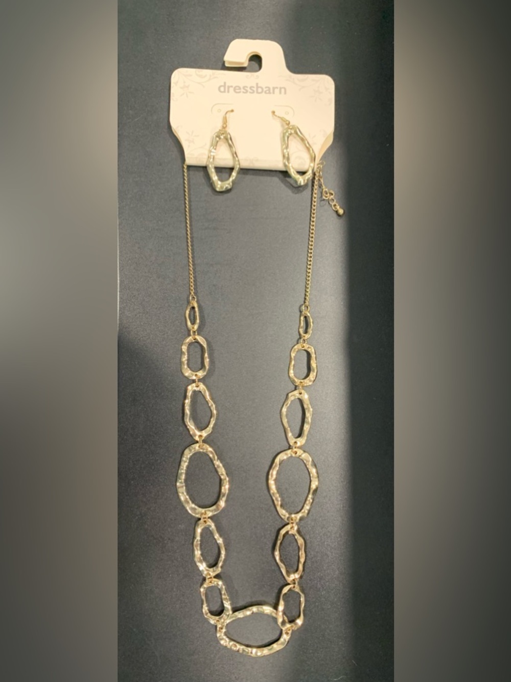 dressbarn Gold Hammered Linked Oval Necklace with Drop Earrings
